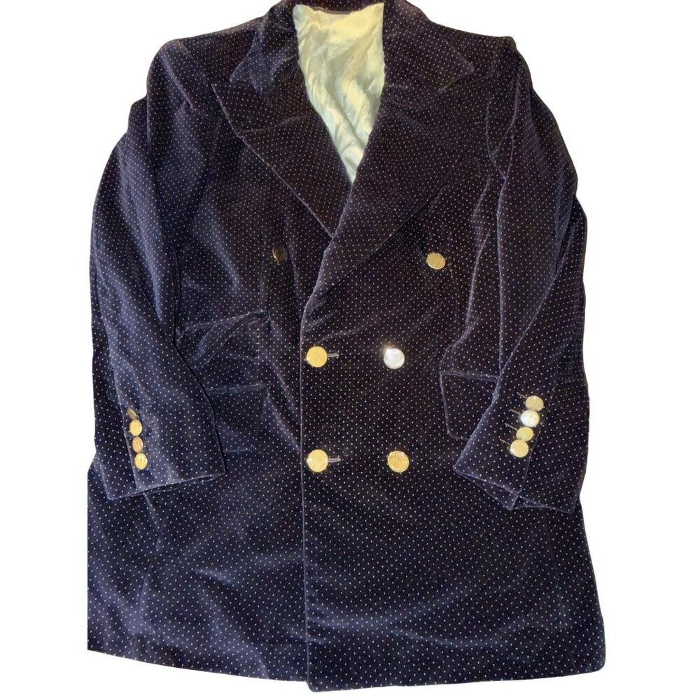 Vtg Navy Velvet Double-Breasted Polka Dot Jacket Silver Monogram Button Tailored